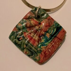 🟣New Polymer Clay Green & Orange Necklace W/Gold-Tone Stainless Steel Chain